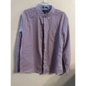 Mason James Mens Medium Gingham Stretch Button Down Shirt Red White Blue‎ Plaid